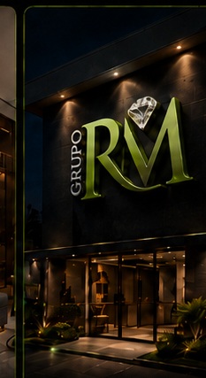 Fachada de comunicação visual do Grupo RM Brasil com o diamante centralizado no logotipo RM