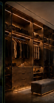 Closet com móveis planejados e iluminação integrada